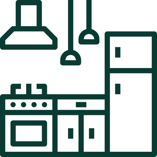 Dibujo de una cocina minimalista con nevera, fogones y armarios